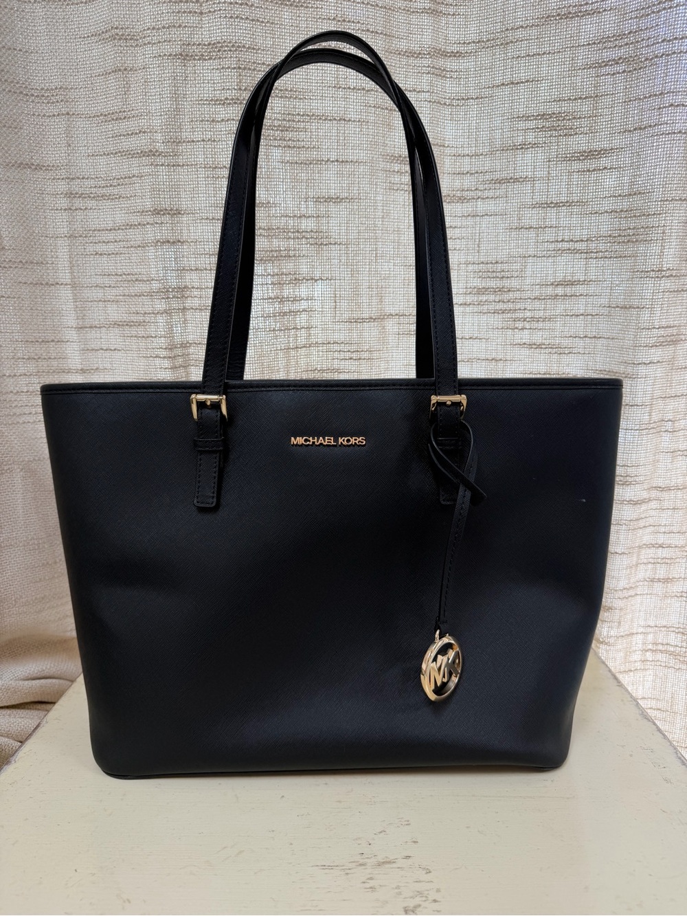 Michael Kors Black Shoulder Tote with Gold Logo Charm